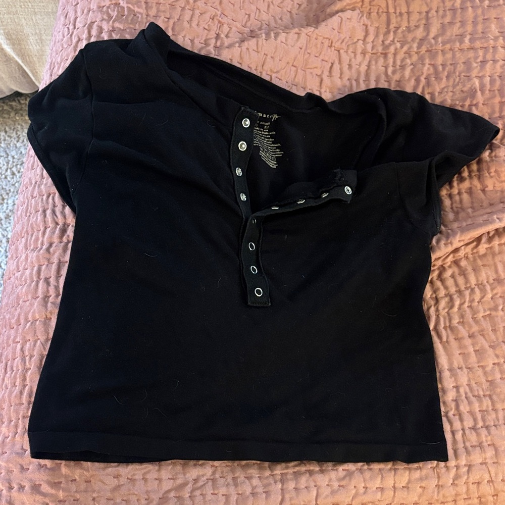 Intimately Free People Black Short Sleeve Button-Up Baby Tee
